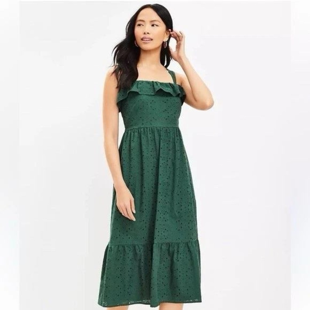 LOFT Eyelet Midi Dress Square Neck Womens 14 Green Ruffle Neck Strappy Tiered